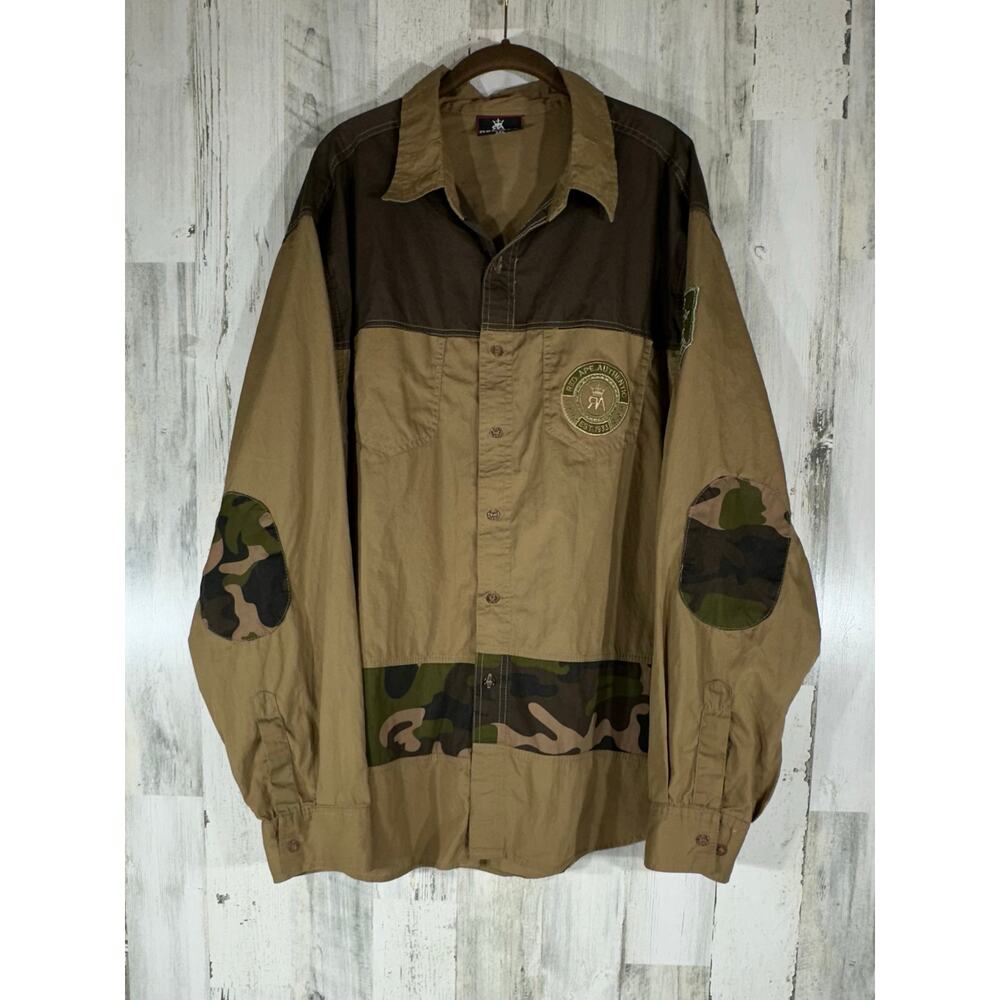 Red Ape Mens Button Up Shirt‎ Size 2XL Brown Color Block Camo Elbow Patches READ